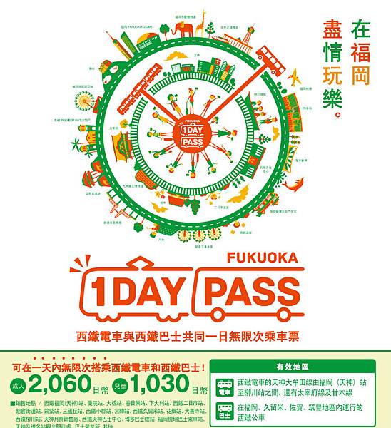 [九州。交通] 西鐵的兩張優惠車票說明<FUKUOKA 1 DAY PASS福岡一日自由乘車券(西鐵電車+西鐵巴士)>與<Green Pass &#038; Green Pass太宰府 (太宰府Liner Bus 旅人巴士)>